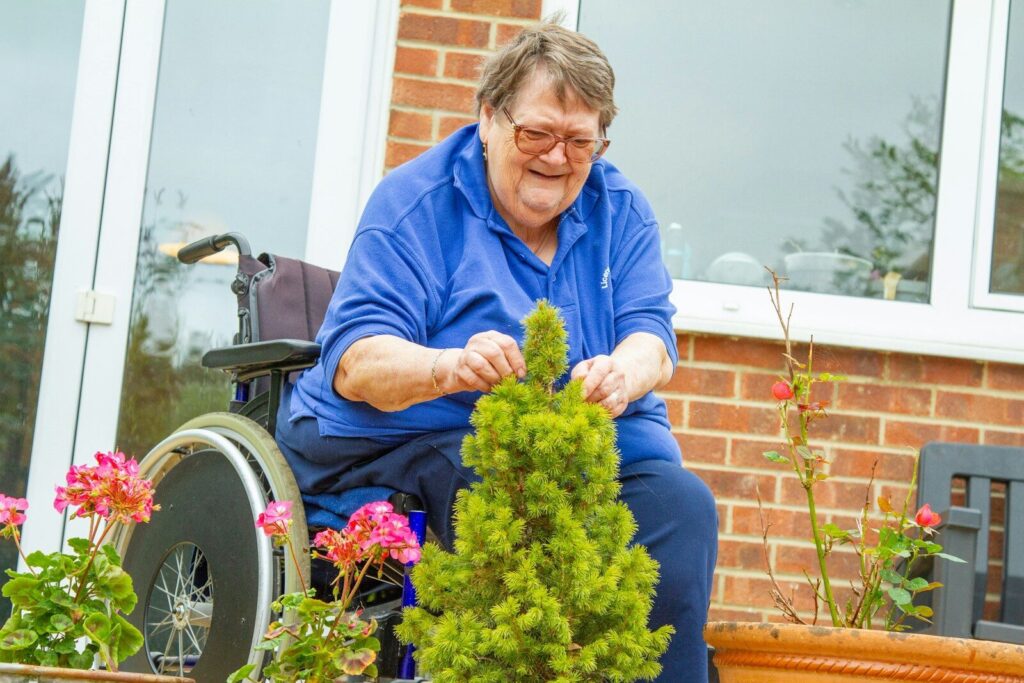 Elderly woman in wheelchair tending to small plant